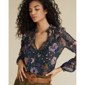 Veronica Beard Abra Black Multi Floral Print Silk Blouse Size 2